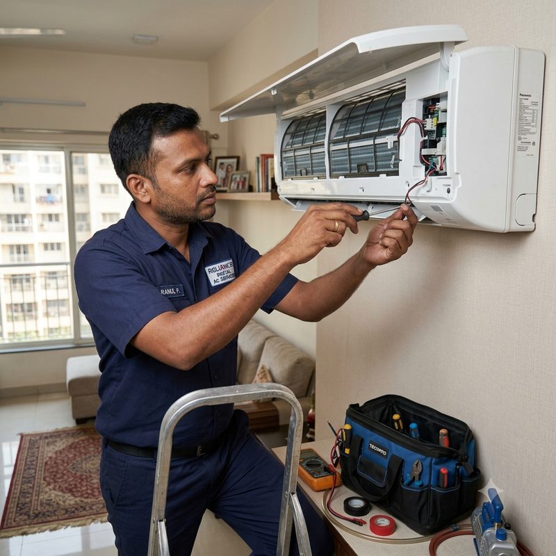 Technician repairing a wall-mounted split air conditioner at a customer's home