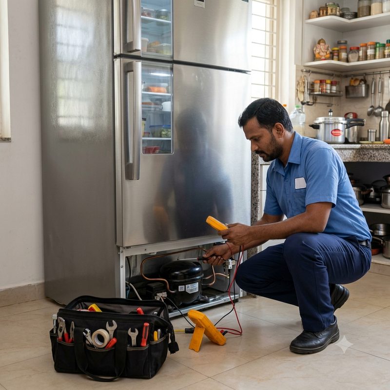 Technician checking the compressor of a refrigerator with a multimeter