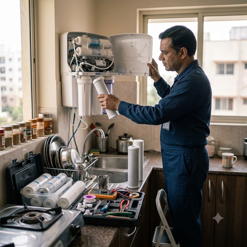 Technician replacing a filter cartridge in an RO water purifier