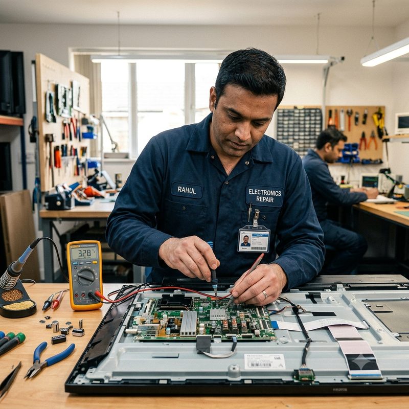 Technician repairing a television circuit board in the workshop