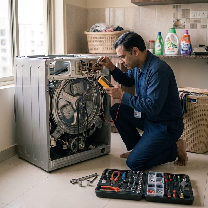 Technician repairing a washing machine control board at home